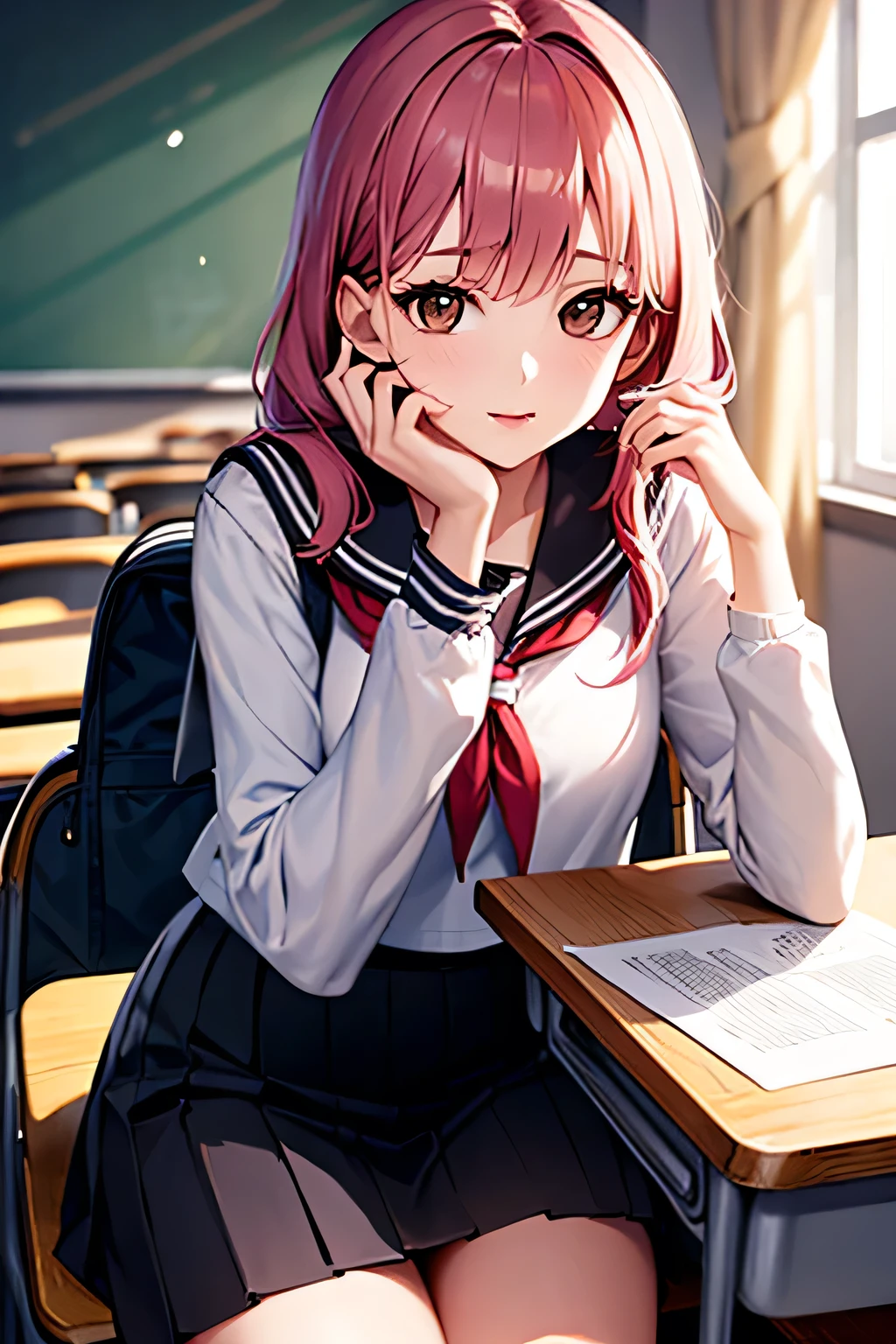 ((masterpiece, best quality)),best aesthetic,1girl, , desk, sitting, school desk, black and pink hair, classroom, long hair, indoors, chair, looking at viewer, :p, solo focus, brown eyes, skirt, long sleeves, pencil, 1 boy, pencil case, paper, black serafuku, multiple girls, pleated skirt, sailor collar, bangs, headrest, school bag, school chair