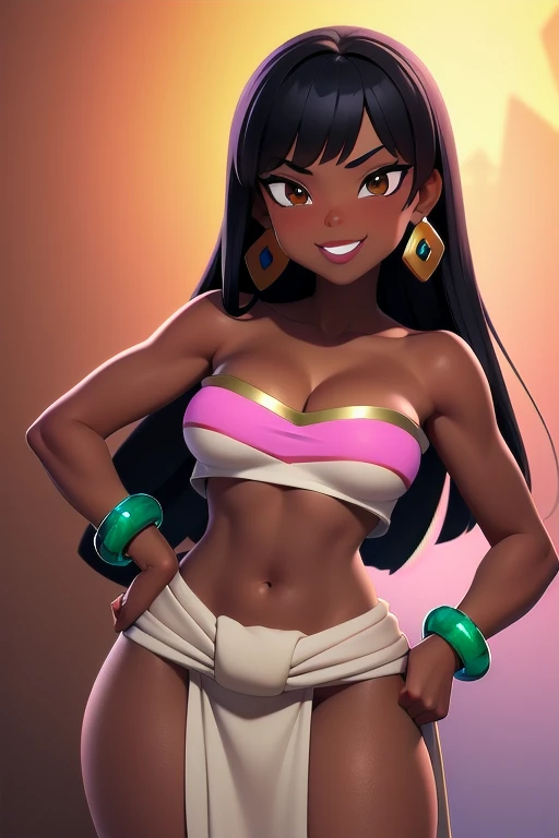 1girl,solo,loincloth,bandeau,chel \(the road to el dorado\),dark-skinned female, black hair, long hair, (Wearing: tube top, loincloth, emerald bracelet's and golden earrings:1.2), collarbone, bare shoulders, medium breasts, cleavage, midriff, wide hips, upper body, hands on hips, looking at viewer, she's looking at the camera with a flirtatious smile
