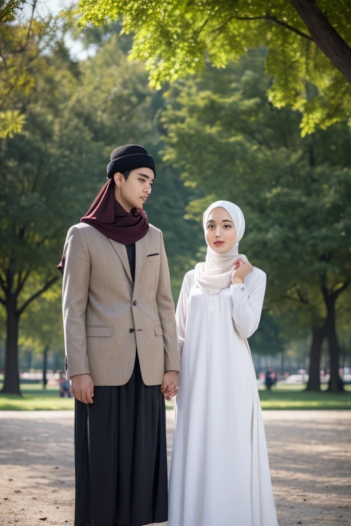 A couple of boy&girl, the girl wearing hijab syar'i , the boy wearing hat standing in paublic park, High resolution