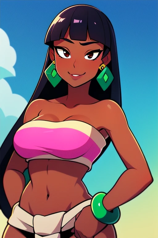 1girl,solo,loincloth,bandeau,chel \(the road to el dorado\),dark-skinned female, black hair, long hair, (Wearing: tube top, loincloth, emerald bracelet's and golden earrings:1.2), collarbone, bare shoulders, medium breasts, cleavage, midriff, wide hips, upper body, hands on hips, looking at viewer, she's looking at the camera with a flirtatious smile
