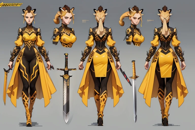 ((Masterpiece, Highest quality)), Detailed face, character design sheet full bodyesbian, Full of details, frontal body view, back body view, Highly detailed, Depth, Many parts, a (giraffe pattern outfit) yellow and black outfit,sword,beautiful cyberpunk woman