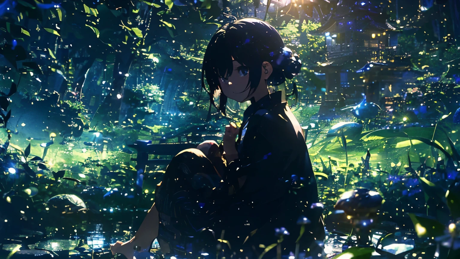 (Official Art、highest quality、Unity 8k wallpaper、masterpiece、Absurd、Ultra-detailed、超A high resolution:1.2)、(Highly detailed and intricate 3D rendering)、細部までBeautiful Faceと目、Slender、Medium Bust、(whole body:1.2)、(Side Shot、moonを見上げて、avert your eyes:1.2)、Fireflies are flying、(Mysterious)、Beautiful Face、Blurred Background、Beautiful girl、Japanese garden、Cowboy Shot、Sitting on the porch、空に浮かぶ満moon、moon