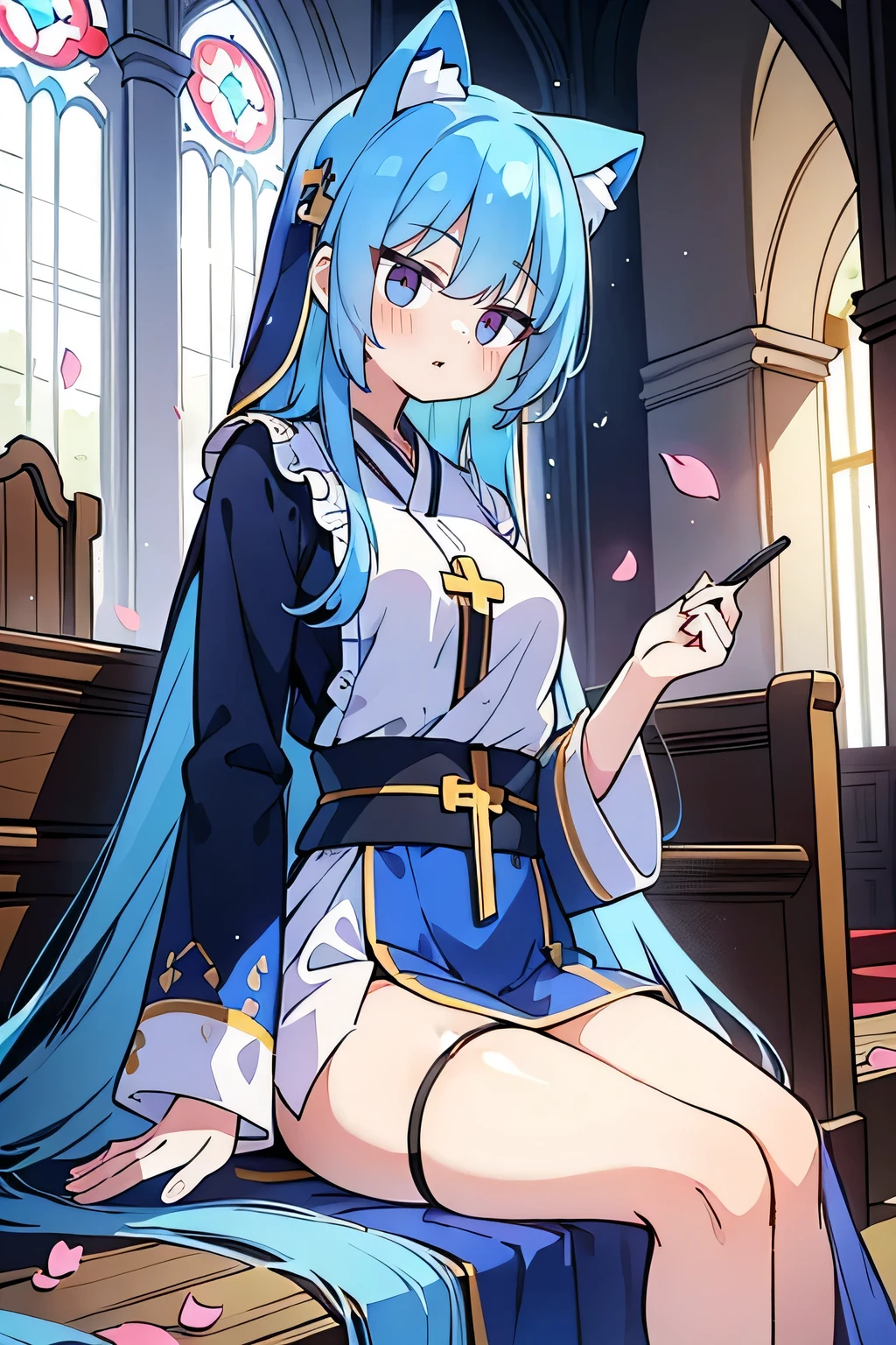 (masterpiece:1.2),Extremely detailed,Practical,expressive eyes,Fair skin,Perfect face shaping,1 Girl,
Japanese cartoons,Gorgeous blue hair, the long flowing blue hair,Floating clothes,Cat ears,Petals fall,beautiful lola,Young Angel,
Place your hands on your waist,sit elegantly on the ground,Cross your legs,Gentle and peaceful background,church,Nun&#39;s Clothes,back view,lie on the water. 