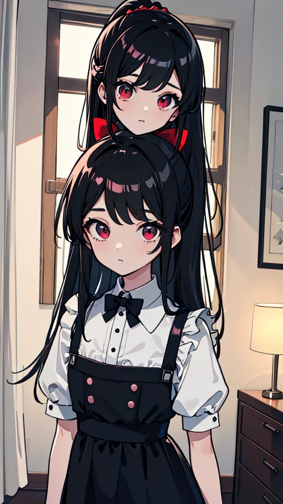 adulto, Cabello negro ondulado, mirada penetrante con ojos profundos de color rojo, estatura promedio, Silky hair with a ponytail hairstyle collected with a red bow with two white lines, tiene pechos medianos, primer plano, session, standing in the middle of his room [[[Risa malvada]]] , Sonrojada, muslos grandes, maid, sirvienta color negro y blanco 
