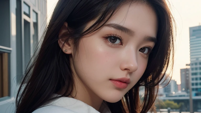 One girl in, highest quality, White skin, Real human skin, (Detailed fac), Oval Face, pores, Ultra-high resolution, (8k, RAW Photos, Realistic:1.4), One girl, slim, (She gazes upon the viewer with a calm, goddess-like happiness.:1.2), ( Lip gloss, eyelash, Shiny surface, highest quality, Ultra-high resolution, Wide lighting, Natural Shading), Oversized jackets, Fashion Shirts, Cityscape,