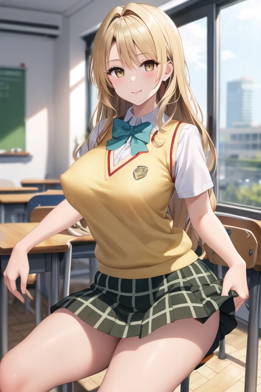 ((masterpiece, best quality, high resolution, UHD, pixel perfect, depth of field, 32k)), BREAK, 1 girl, alone, long hair, blonde hair, double good, pierce hair, brown eyes, , green bow tie, White shirt, big chest, marked erect nipples on the sweater, sweater vest, yellow vest, short sleeves, miniskirt, plaid skirt, green skirt, BREAK, hands on boobs, classroom, inside, in a sexy pose.