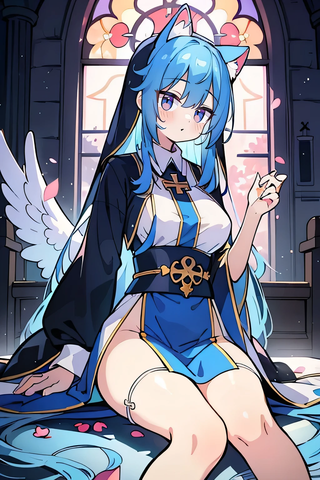 (masterpiece:1.2),Extremely detailed,Practical,expressive eyes,Fair skin,Perfect face shaping,1 Girl,
Japanese cartoons,Gorgeous blue hair, the long flowing blue hair,Floating clothes,Cat ears,Petals fall,beautiful lola,Young Angel,
Place your hands on your waist,sit elegantly on the ground,Cross your legs,Gentle and peaceful background,church,Nun's Clothes,back view,lie on the water.