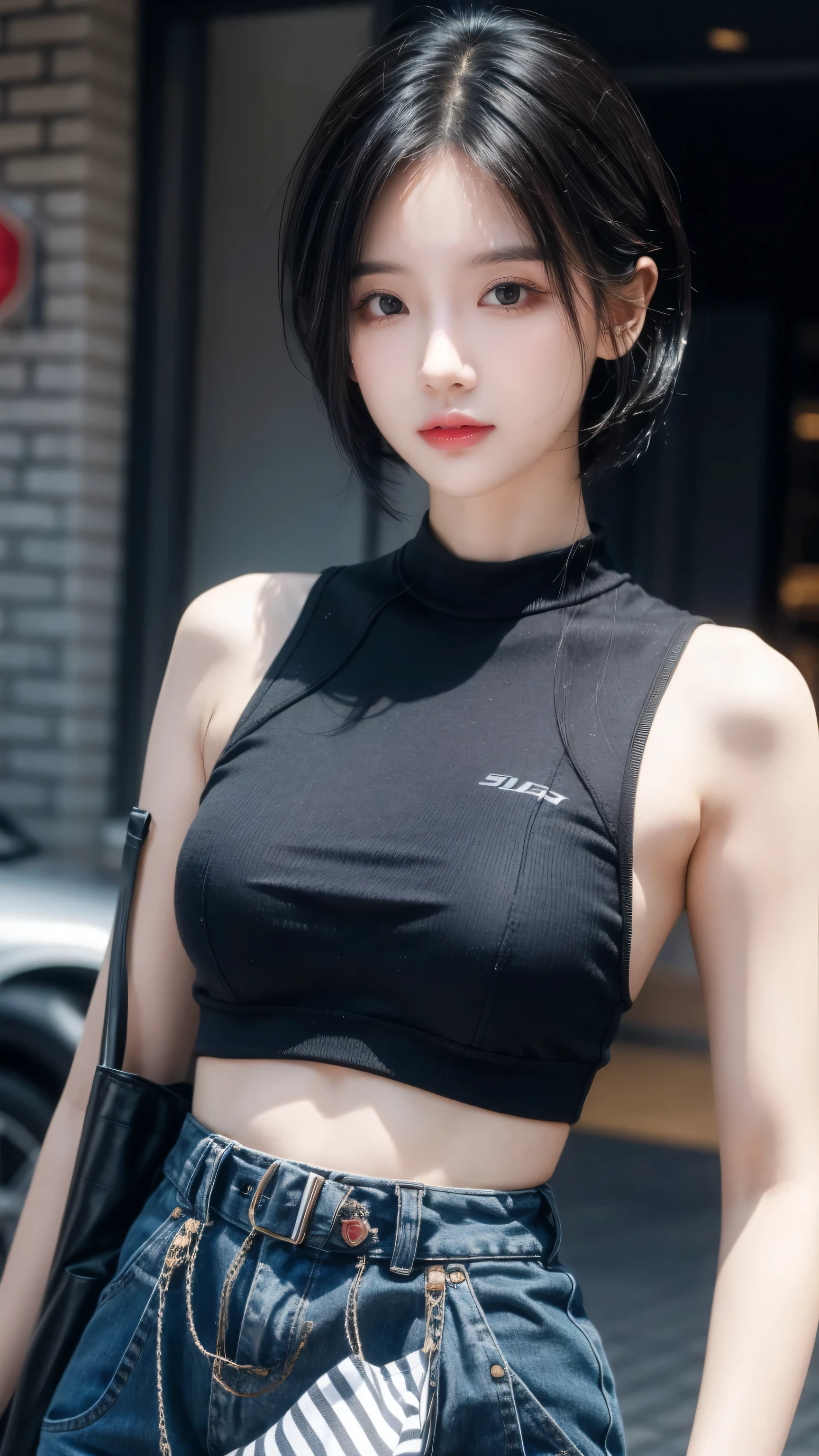 best quality, 1 Girl, dark blue hair, black eyes, Very short hair, Spiky hair, grey tank top, High waist short jeans, 171 cm, Messy hair, Hair between the eyes, Medium breasts, full, Tomboy, aldult, 20 years old, 1 Girl near motorcycle orange