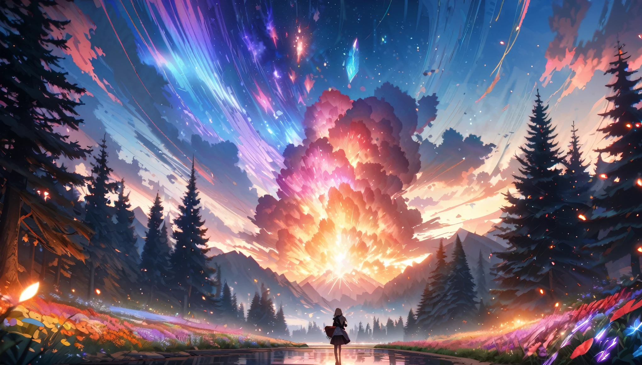 anime lanscape, anime aestetics, a summer forest, huge blue and red cristals on the background, bonefire in the center, beautiful fire, stunning lanscape, skies covered in stars, perfect stars view, fantasy, crystals glowing, colorful flowers, pixies flieng near the crystals, pine trees, calm atmosphere, dynamic light, cinematic light, wide shot, from outside, highres, 8k, high quality, best quality, award winning, super detail, accurate, masterpiece