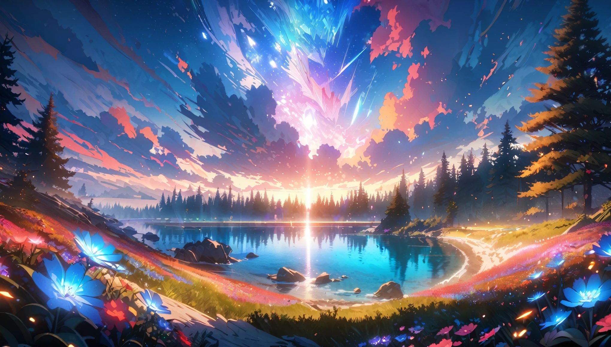 anime lanscape, anime aestetics, a summer forest, huge blue and red cristals on the background, bonefire in the center, beautiful fire, stunning lanscape, skies covered in stars, perfect stars view, fantasy, crystals glowing, colorful flowers, pixies flieng near the crystals, pine trees, calm atmosphere, dynamic light, cinematic light, wide shot, from outside, highres, 8k, high quality, best quality, award winning, super detail, accurate, masterpiece