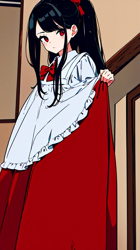 adulto, Cabello negro ondulado, mirada penetrante con ojos profundos de color rojo, estatura promedio, Silky hair with a ponytail hairstyle collected with a red bow with two white lines, tiene pechos medianos, primer plano, session, standing in the middle of his room [[[Risa malvada]]] , Sonrojada, muslos grandes, maid, sirvienta color negro y blanco 