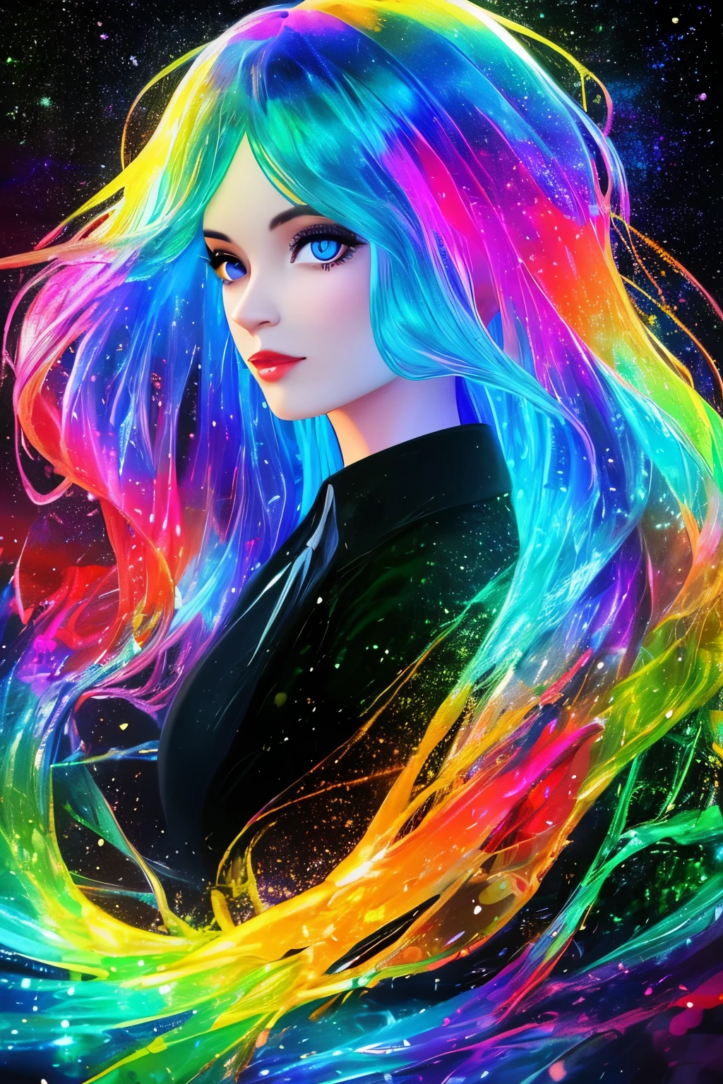 A color painting of a beautiful young woman., mysterious waves at night. 3d. rainbow colors. The melting beauty of the universe. Surrealism in reflections of nebula fragments. glass texture,Translucent,crystal,blister
