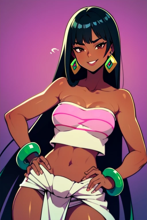 1girl,solo,loincloth,bandeau,chel \(the road to el dorado\),dark-skinned female, black hair, long hair, (Wearing: tube top, loincloth, emerald bracelet's and golden earrings:1.2), collarbone, bare shoulders, medium breasts, cleavage, midriff, wide hips, upper body, hands on hips, looking at viewer, she's looking at the camera with a flirtatious smile
