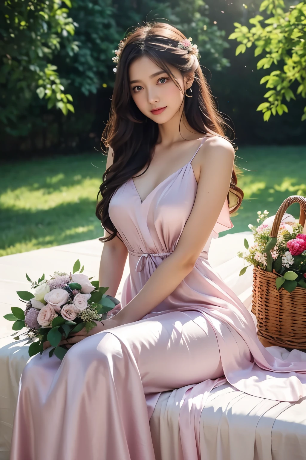 Woman sitting on blanket holding bouquet of flowers and basket of fruit, light half open dress, Soft silk dress, romantic dress, Feminine feminine dresses, Soft and elegant gowns, flowing dress, 아름답고 Soft silk dress, Pink or violet long dress,