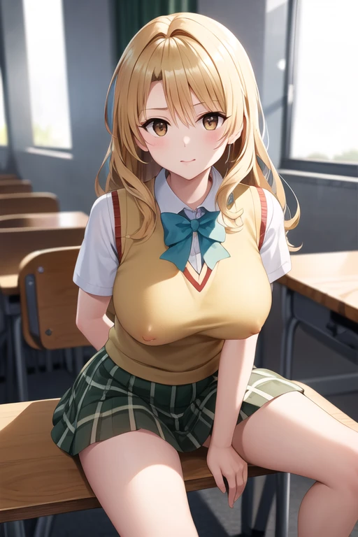 ((masterpiece, best quality, high resolution, UHD, pixel perfect, depth of field, 32k)), BREAK, 1 girl, alone, long hair, blonde hair, double good, pierce hair, brown eyes, , green bow tie, White shirt, big chest, marked erect nipples on the sweater, sweater vest, yellow vest, short sleeves, miniskirt, plaid skirt, green skirt, BREAK, hands on boobs, (white panties 0.3),  classroom, inside, in a sexy pose.