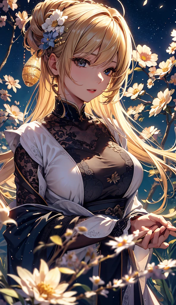 masterpiece, high quality, 4K, Beautiful design, silhouette，blonde， 非常に詳細な夜のStarry Sky,Flower Field， wonderful, Finer details,  Very knowledgeable woman, Highly detailed solo, 1 female,Big Breasts，dress，Night view，Starry Sky，full moon，