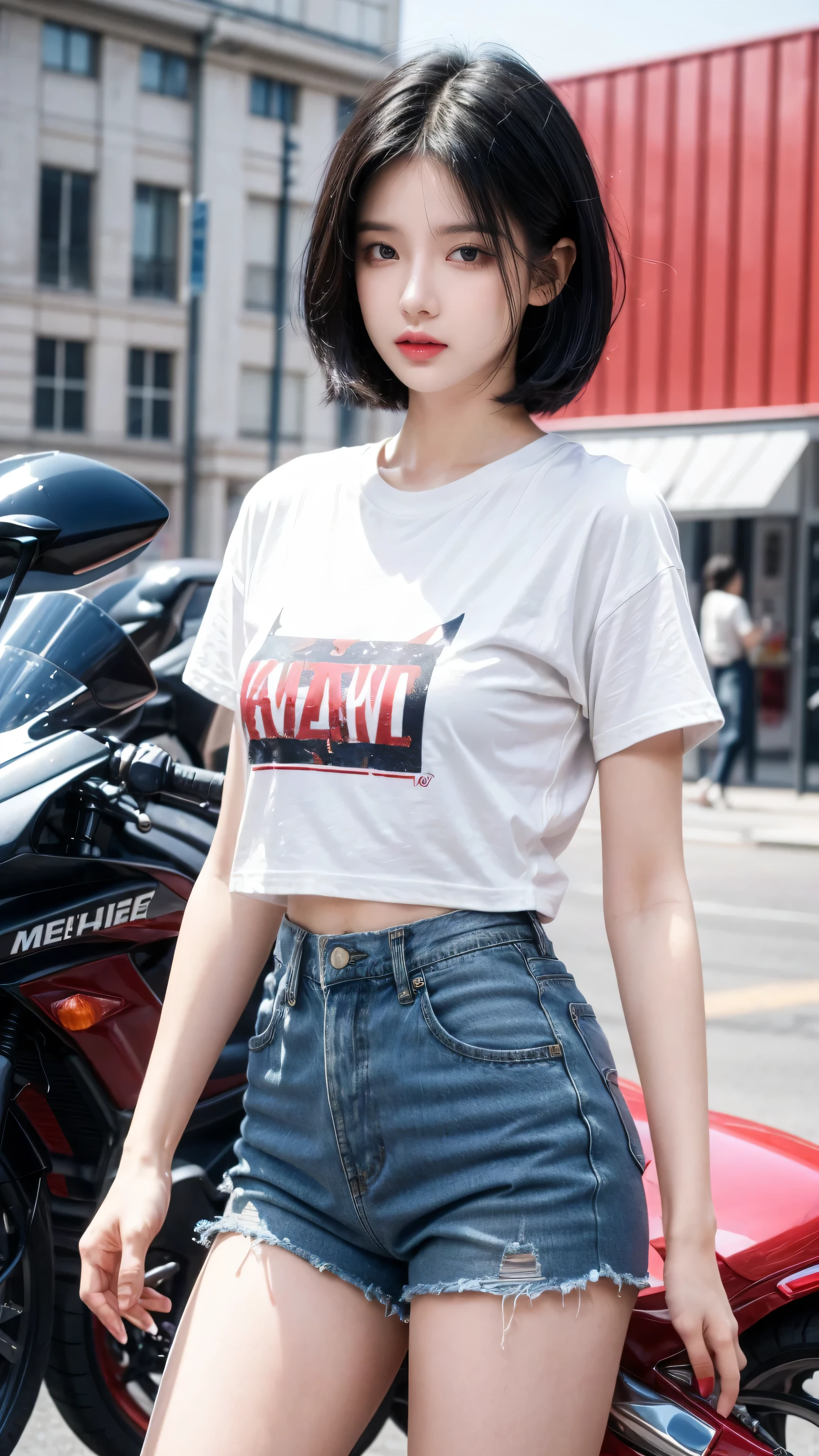 best quality, 1 Girl, dark blue hair, black eyes, Very short hair, Spiky hair, white and red TEXT oversize t-shirt, High waist short jeans, 171 cm, Messy hair, Hair between the eyes, Medium breasts, full, Tomboy, aldult, 20 years old, 1 Girl near red motorcycle