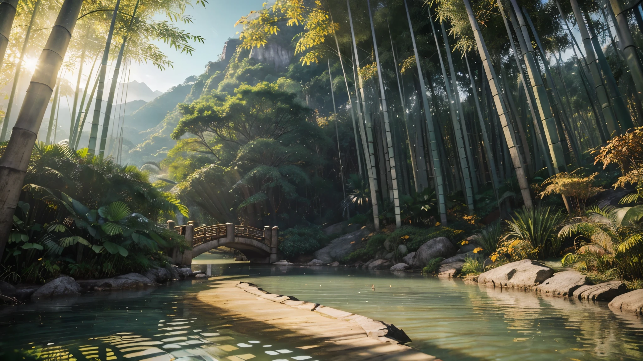Studio Photos, 4k,Very detailed, （3D Art，3D style），（masterpiece，high quality，，Official Art，Beauty and aesthetics：1.2），（绿色bamboo材质：1.2），No humans，bamboo，bamboo forest，The background is a Chinese three-dimensional landscape painting，blue theme，Surrealism，Dreamy style 、Beige organic liquid、Ray tracing、前景bamboo遮挡、Natural light、jungle、（c4d、oc rendering）、Mountains，river，fall
