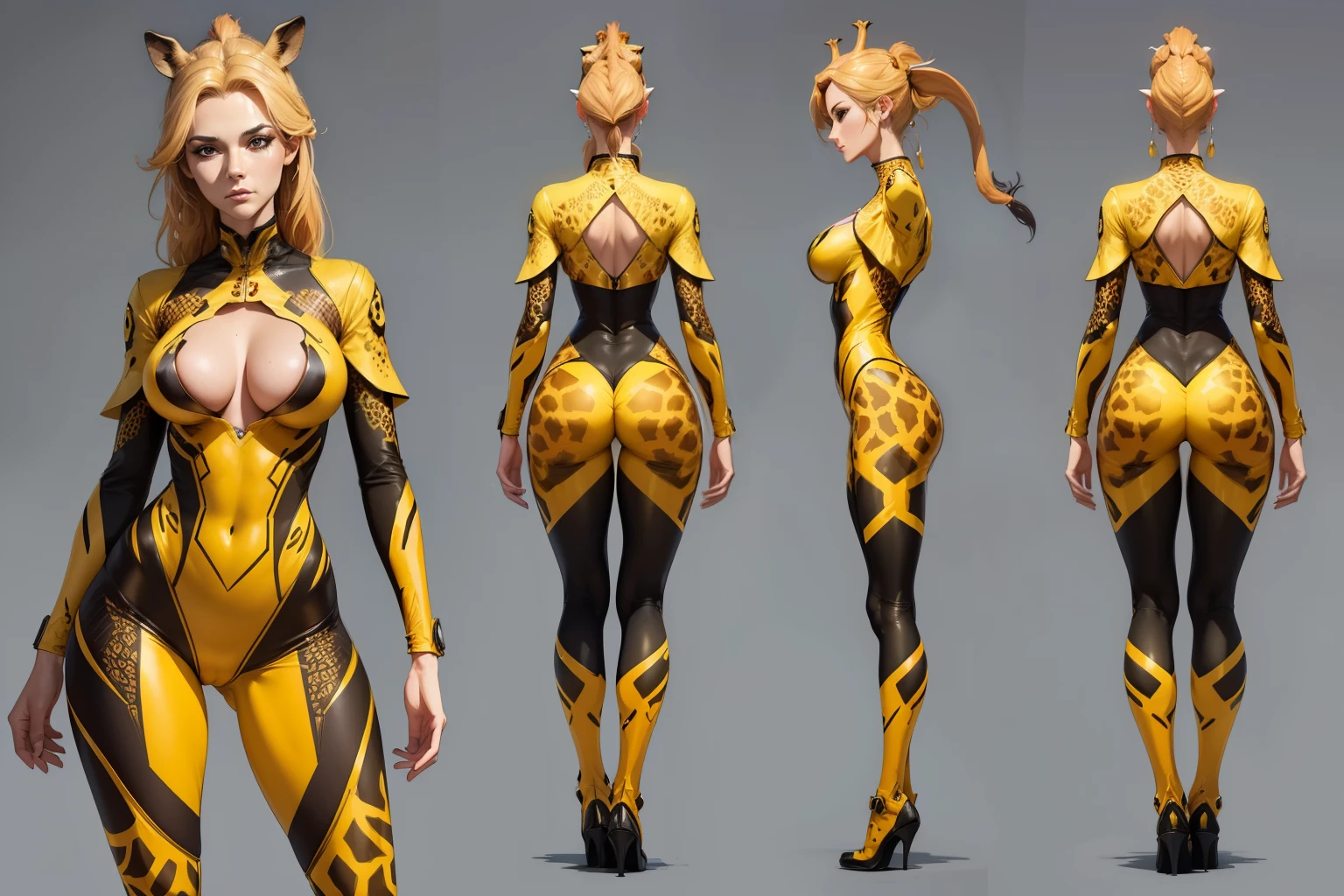 ((Masterpiece, Highest quality)), Detailed face, character design sheet full bodyesbian, Full of details, frontal body view, back body view, Highly detailed, Depth, Many parts, a (giraffe pattern outfit) yellow and black outfit,sword,beautiful cyberpunk woman