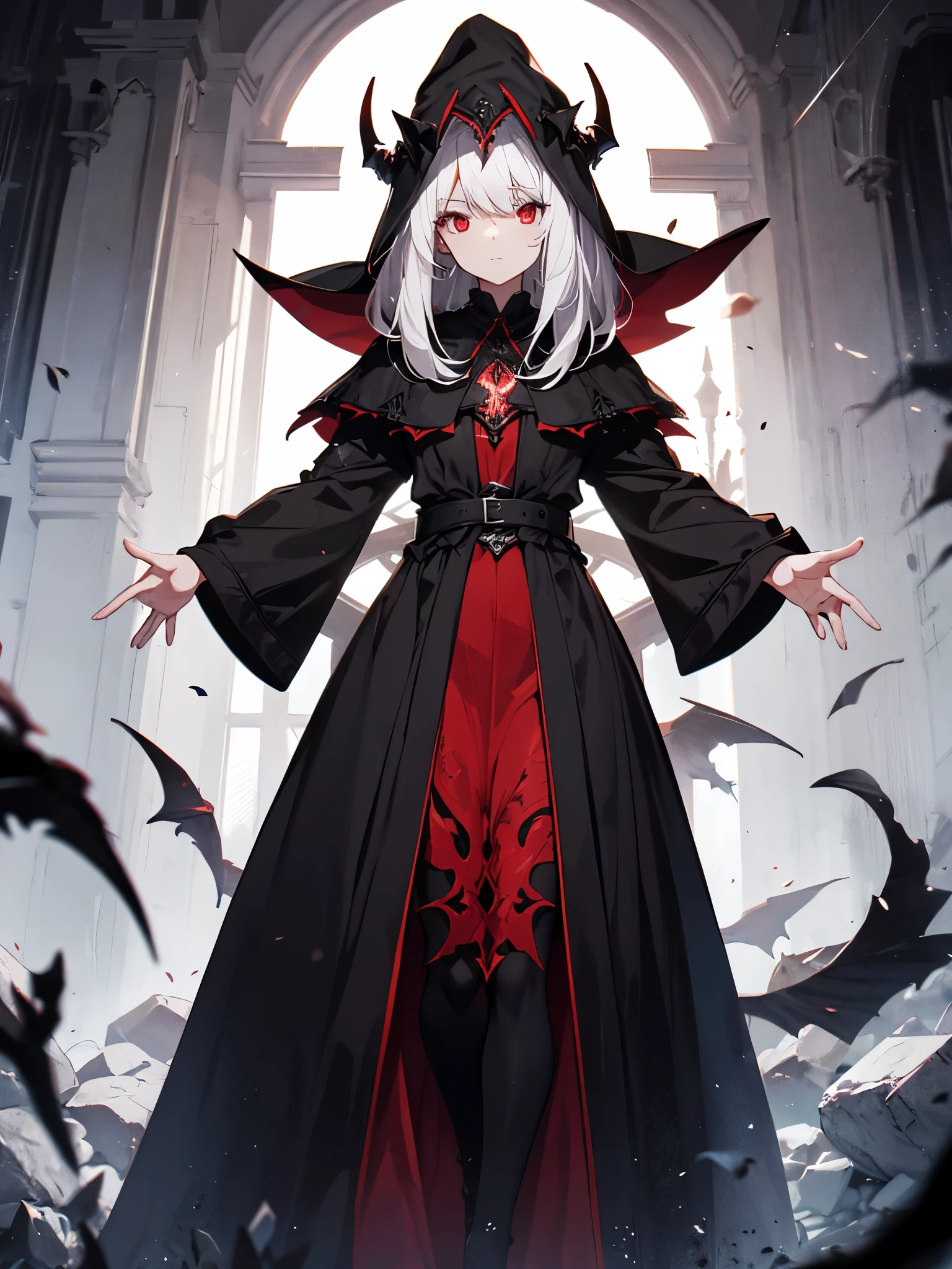 ((necromancer)), white hair, ((red eyes)), beautiful girl, black robe, long dress