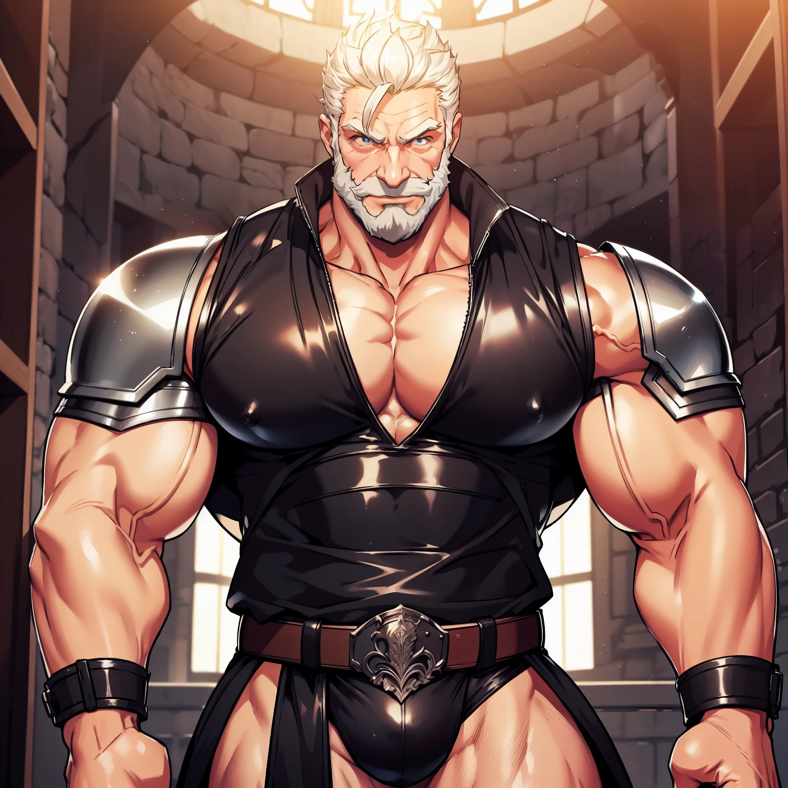 A powerfull medieval knight treinando com sua espada, vista do corpo inteiro, distante pov, alpha male, bodybuilder, very muscular, 50 years old, deatail face, detail eyes, lorde imponente, wearing a cleavage medieval tank top armor and a very tiny speedo underwear, pernas musculosas, wearing a leather bots, very detail robe, very large pectorals, massive pectorals, muscular chest, fighting stance, olhos de cor azuis, grey short hair, sexy grey beard, he is sexy, fighting stance, Obra-prima maravilhosa altamente detalhada, beautiful cinematic light deep focus, elegante, pintura digital, liso, sharp focus, golden ratio, dramatic lighting, 8k, pixiv, bara