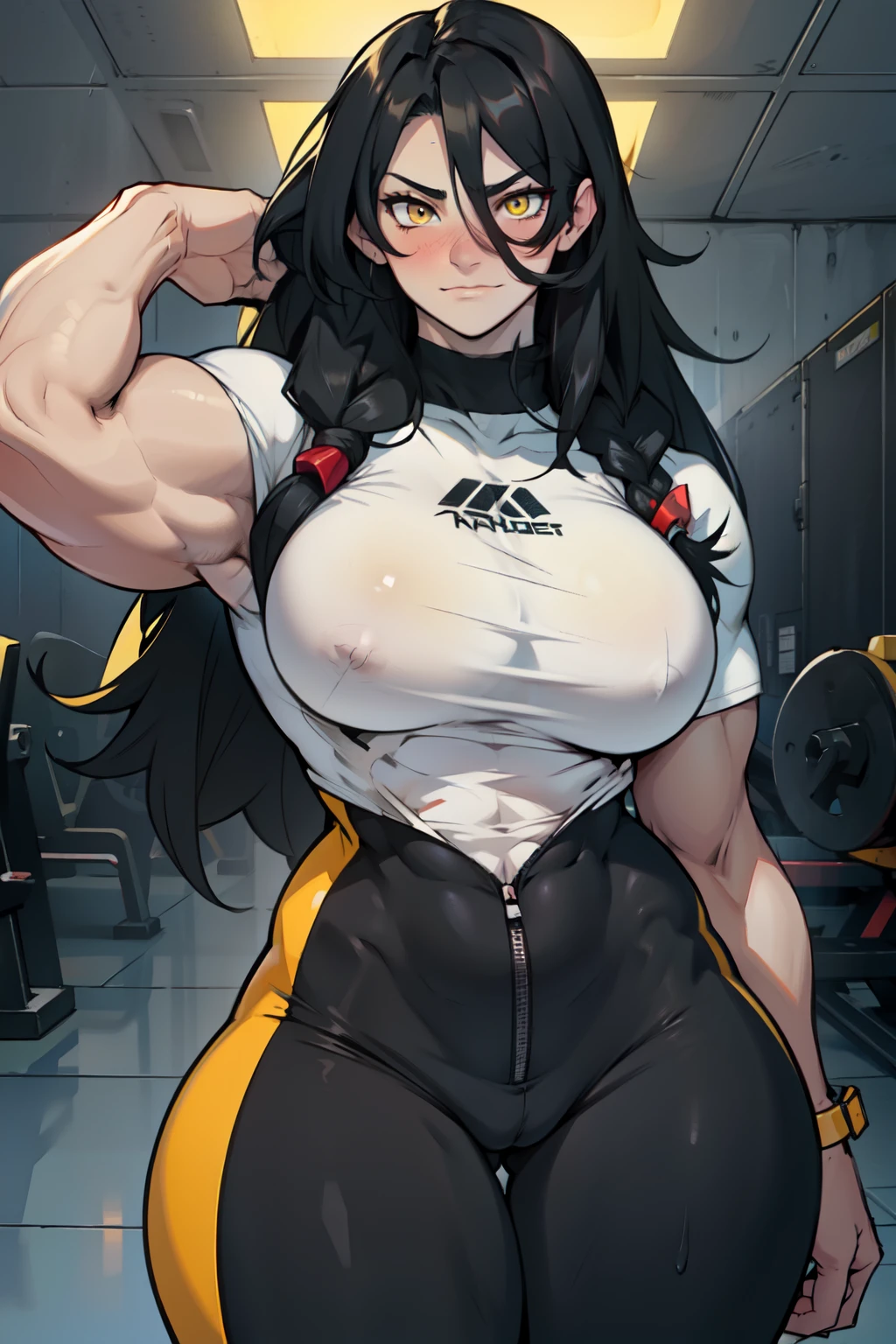 ((1girl)) pale skin (large breasts) (muscular) toned body thick thighs black hair yellow eyes (long hair) bodybuilder tight shirt blushing (seductive expression)