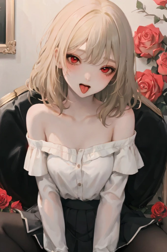 One girl, alone, Have, short wavy blonde hair、Red-eyed girl、solo、Sitting among roses、blush、Off the shoulder、mini skirt、black tights,Perfect Face,Masterpiece,Sticking out tongue