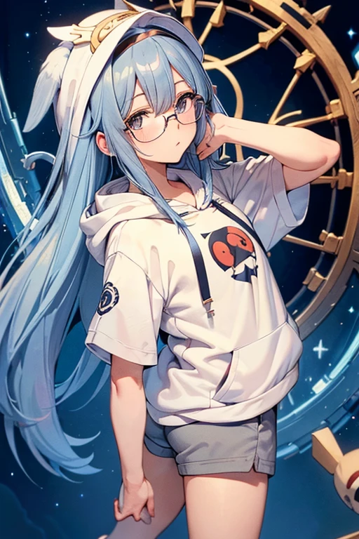 Angelic French doll, stocky, light colored hoodie, in short pants, blue hair ,messy long hair, (anime: 1.2), Wear glasses, asymmetrical bangs, (masterpiece: 1.2), Tengu, fortune teller