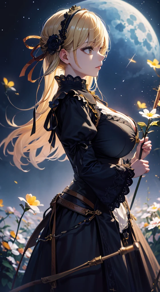 masterpiece, high quality, 4K, Beautiful design, silhouette,blonde, 非常に詳細な夜のStarry Sky,Flower Field, wonderful, Finer details, Very knowledgeable woman, Highly detailed solo, 1 female,Big Breasts,Gothic ta Fashion,Night view,Starry Sky,full moon,