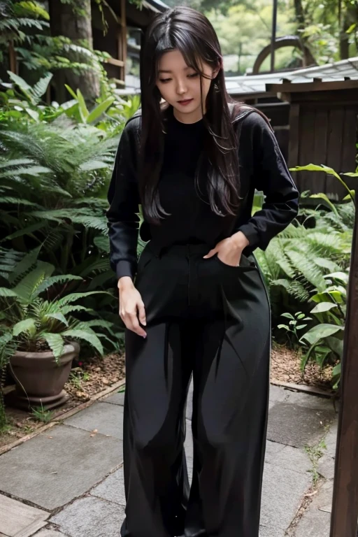 Japanese Girl sees the ghost and pees her black palazzo pants until her pants are wet in fright.