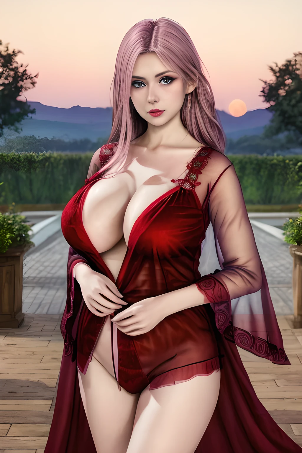 1girl,(RED theme: 1.2), (Sheer fabric pajamas: 1.2),(Velvet fabric robe: 1.2), (Ice flower Robe: 1.15),  ,garden,moon,huge breasts,lactating,(lip gloss),(masterpiece), best quality, (real life portrait photography:1.5),unltra detailed,8K,Shot with a professional-grade camera like the Nikon D850,every intricate detail is captured, from the subtlest expression to the glimmer of anticipation in her eyes,Focus on thighs and above,solo,  elise,