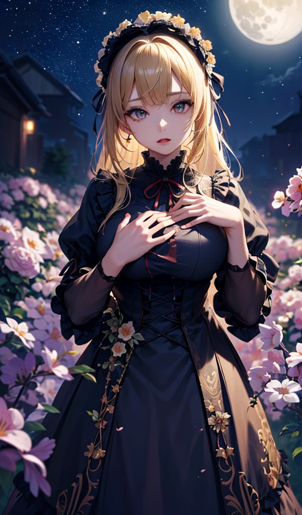 masterpiece, high quality, 4K, Beautiful design, silhouette，blonde， 非常に詳細な夜のStarry Sky,Flower Field， wonderful, Finer details,  Very knowledgeable woman, Highly detailed solo, 1 female,Big Breasts，Gothic Lolita Fashion，Night view，Starry Sky，full moon，