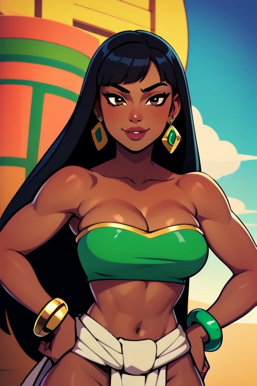 1girl,solo,loincloth,bandeau,chel \(the road to el dorado\),dark-skinned female, black hair, long hair, (Wearing: tube top, loincloth, emerald bracelet's and golden earrings:1.2), collarbone, bare shoulders, medium breasts, cleavage, midriff, wide hips, upper body, hands on hips, looking at viewer, she's looking at the camera with a flirtatious smile
