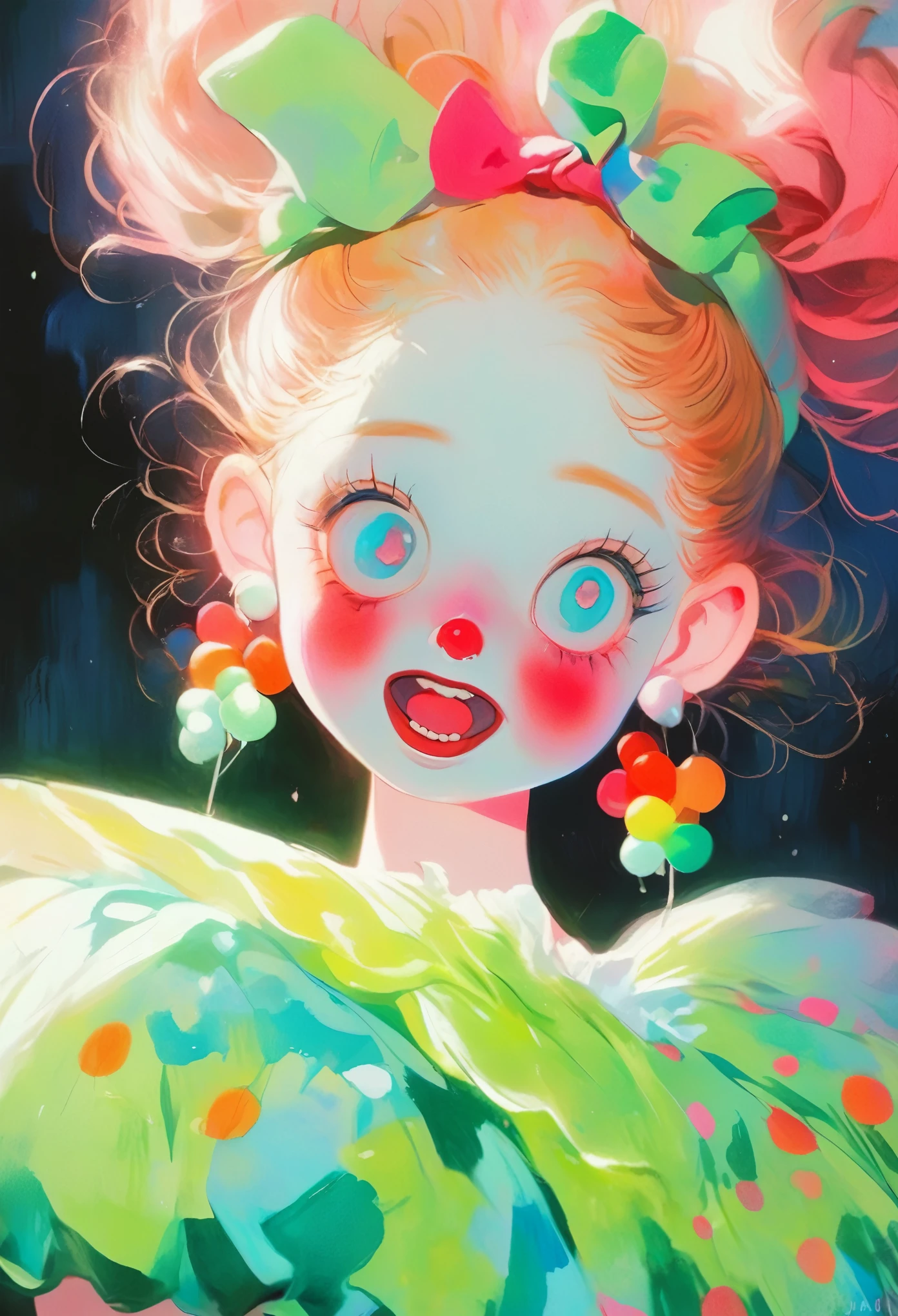 A young woman with clown makeup, medium shot, pastel painting, two neon angles, surprised expression, black background, pale skin, large beautiful round eyes, long eyelashes, rococo style, neon pink and green, by Junji Ito, Takehiko Inoue, Julie Bell, hyper-realistic, exaggerated perspective, astonishing moment, complex illustration, dynamic pose, 16K, best quality, 4k, 8k, highres, masterpiece, ultra-detailed, realistic, photorealistic, photo-realistic, HDR, UHD, studio lighting, ultra-fine painting, sharp focus, physically-based rendering, extreme detail description, professional, vivid colors, bokeh