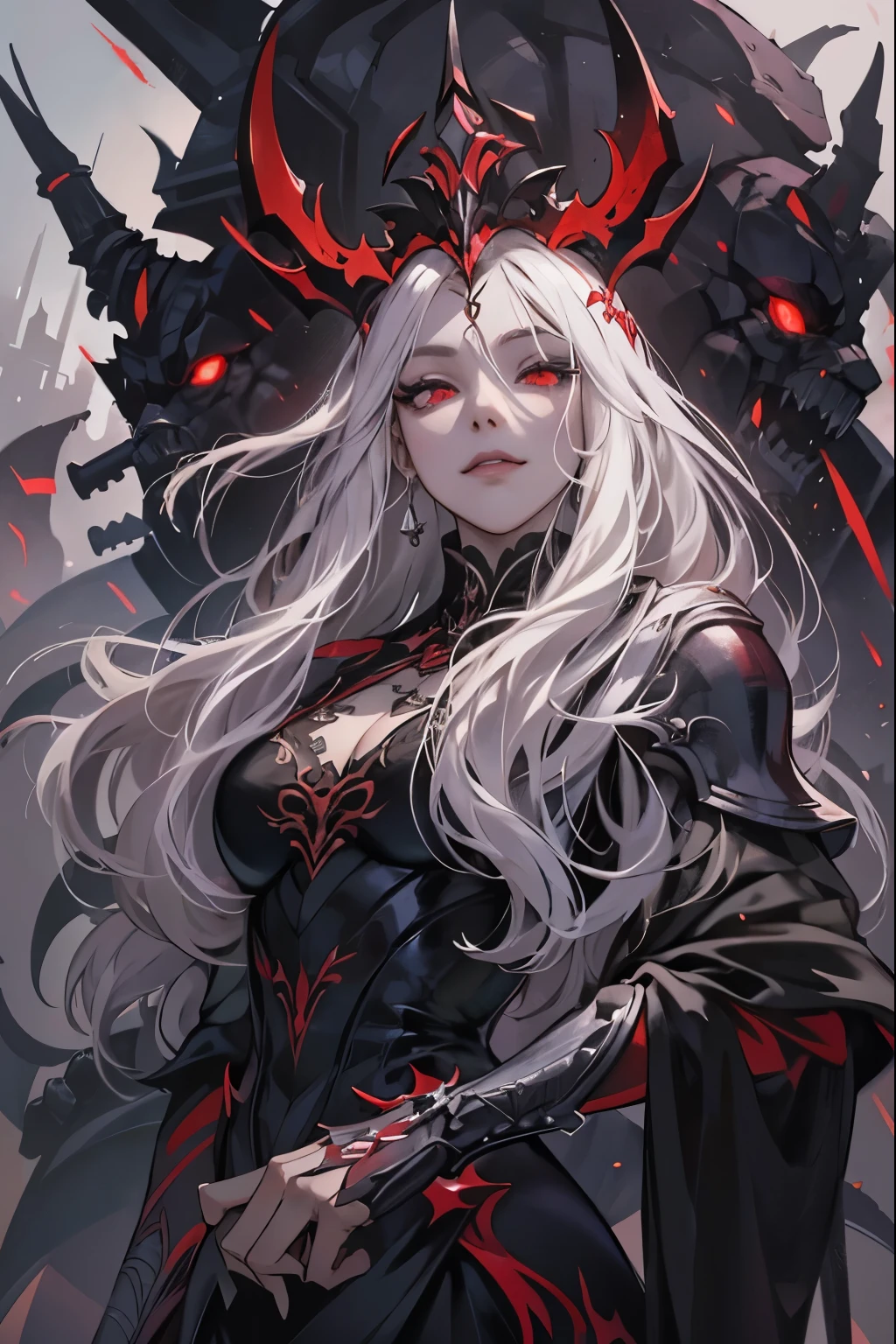 Create an illustration of a beautiful, slender woman with long white hair and piercing red eyes. Despite her angelic beauty, she embodies cruelty and ruthlessness. She looks directly at the camera with a haughty gaze, a malevolent and satisfied smile stretching across her lips, revealing her sadistic pleasure in the misfortune of others. She is dressed in a very dark black armor that is both elegant and ominous, exuding a menacing and dangerous aura. This woman is a merciless killer who doesn't care about people's lives or ethics, and her expression clearly reflects her enjoyment in spreading chaos and destruction.