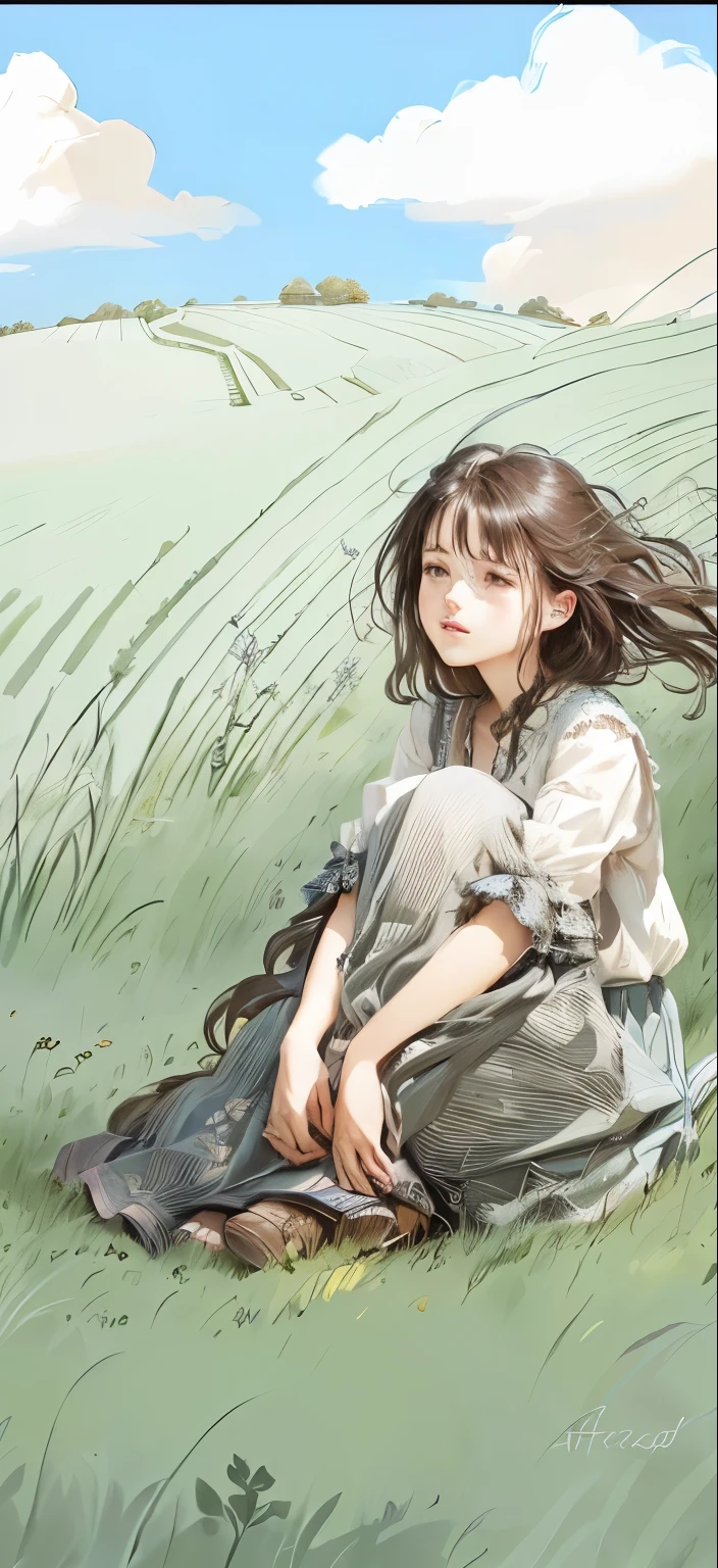 arafed drawing of a woman Sitting in the fields with her hair blowing, Sitting in the fields, sit on the floor, Comic Style, Digital drawing, On a meadow, Emotional pictures, There is no girl after the rain, drawn with photoshop, With a hurt expression, Beautiful style, illustration!, desolate. digital illustration, blurry and dreamy illustration