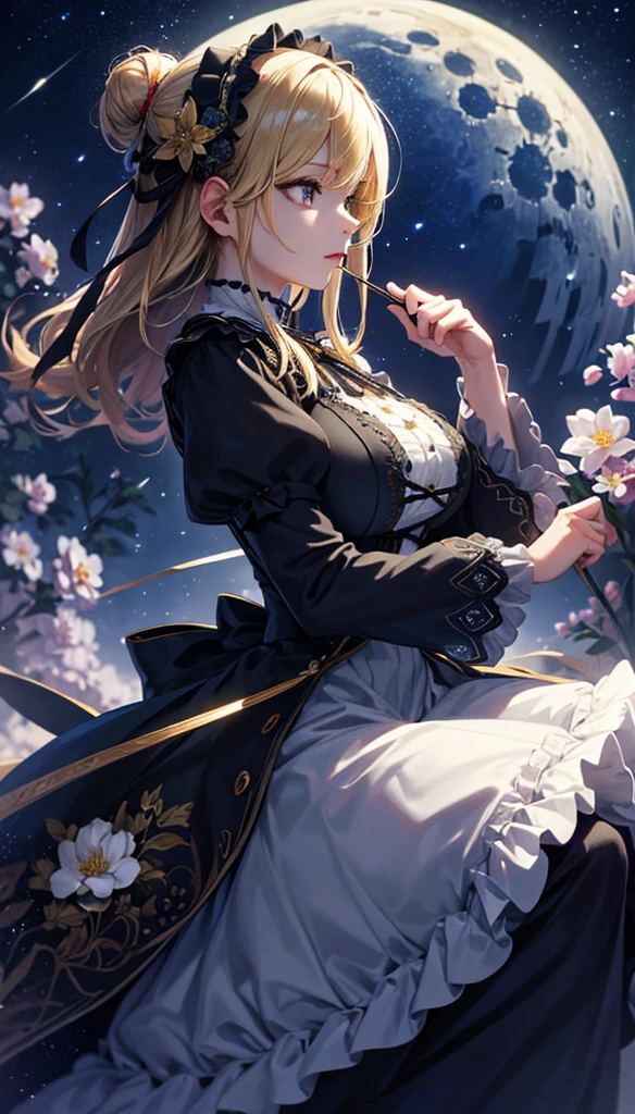 masterpiece, high quality, 4K, Beautiful design, silhouette,blonde, 非常に詳細な夜のStarry Sky,Flower Field, wonderful, Finer details, Very knowledgeable woman, Highly detailed solo, 1 female,Big Breasts,Gothic Lolita Fashion,Night view,Starry Sky,full moon,