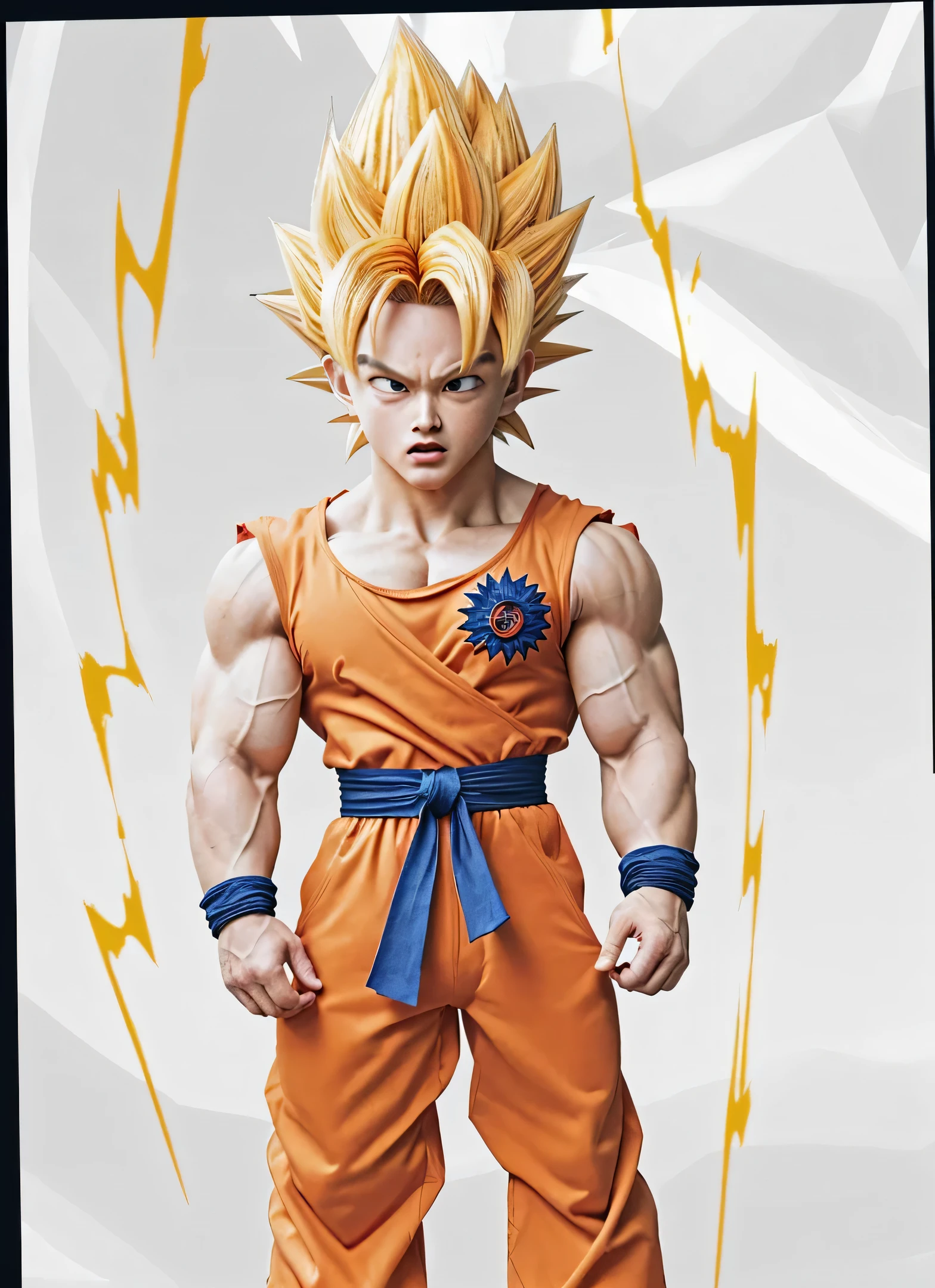 super saiyan Goku wearing orange suit with Strong Muscle, convert to real life, clear background, 8k