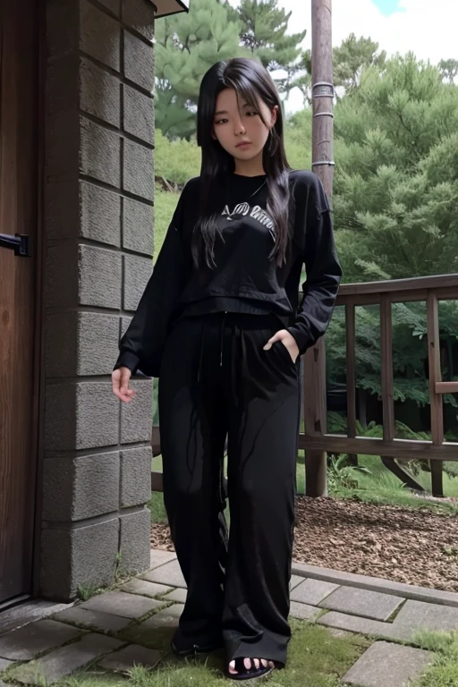 Japanese Girl sees the ghost and pees her black palazzo pants until her pants are wet in fright.