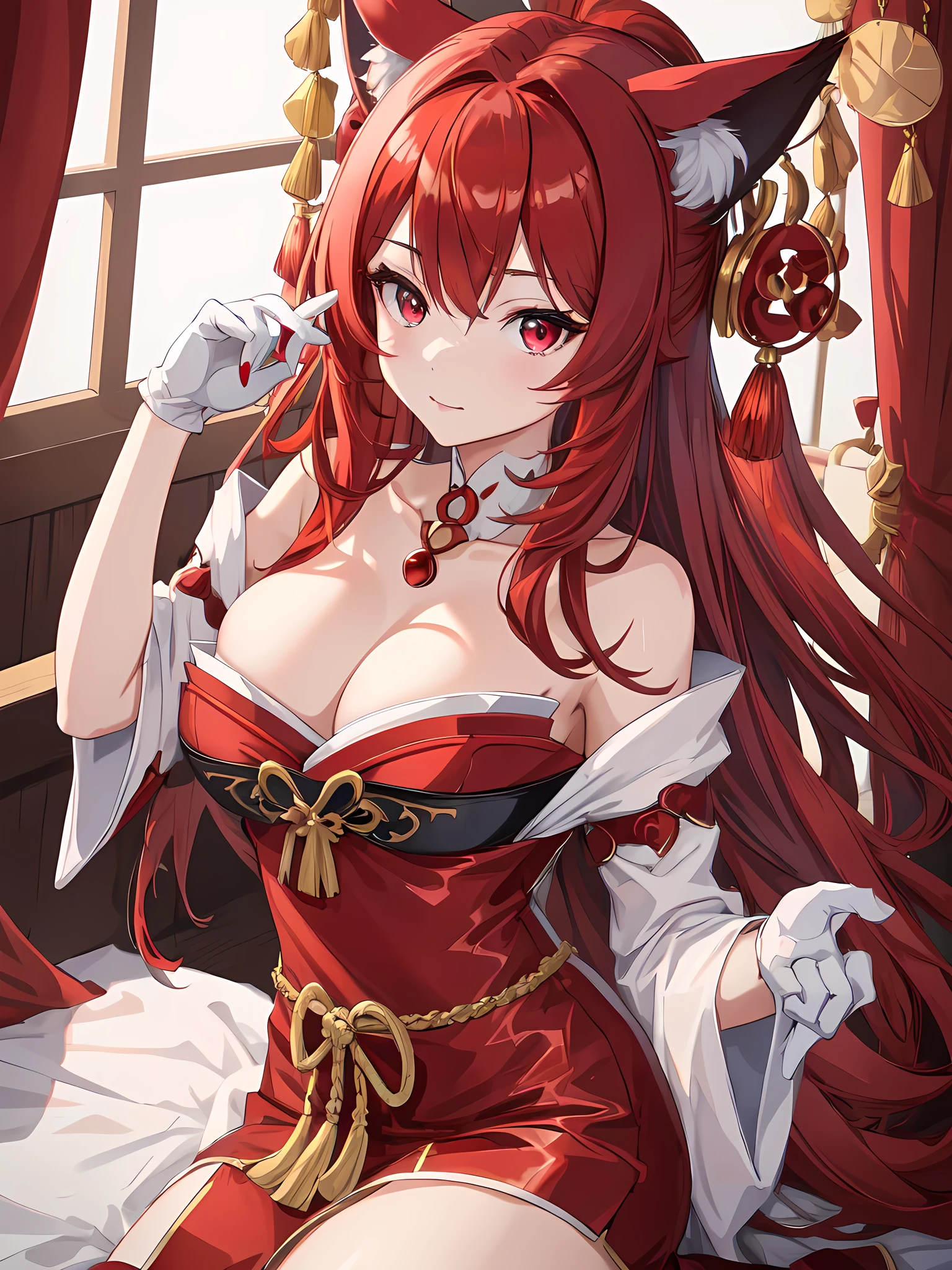 Masterpiece, Best Quality, Super Detailed, High Definition, Expensive Resolution, HDR, 4k, 8K, Unity 8k Wallpaper, Super Detailed CG, Masterpiece, Beautiful Details, Depth, Fine Texture, Super Fine: 1.3, Fully focused, crispy, skin, Very cute anime girl, ((red right eyes)) , looking at camera, ornament, heart, choker, sfw, medium breasts, red hair with cat ears, wearing a Japanese red shiny geisha, white fur, wearing gloves ,