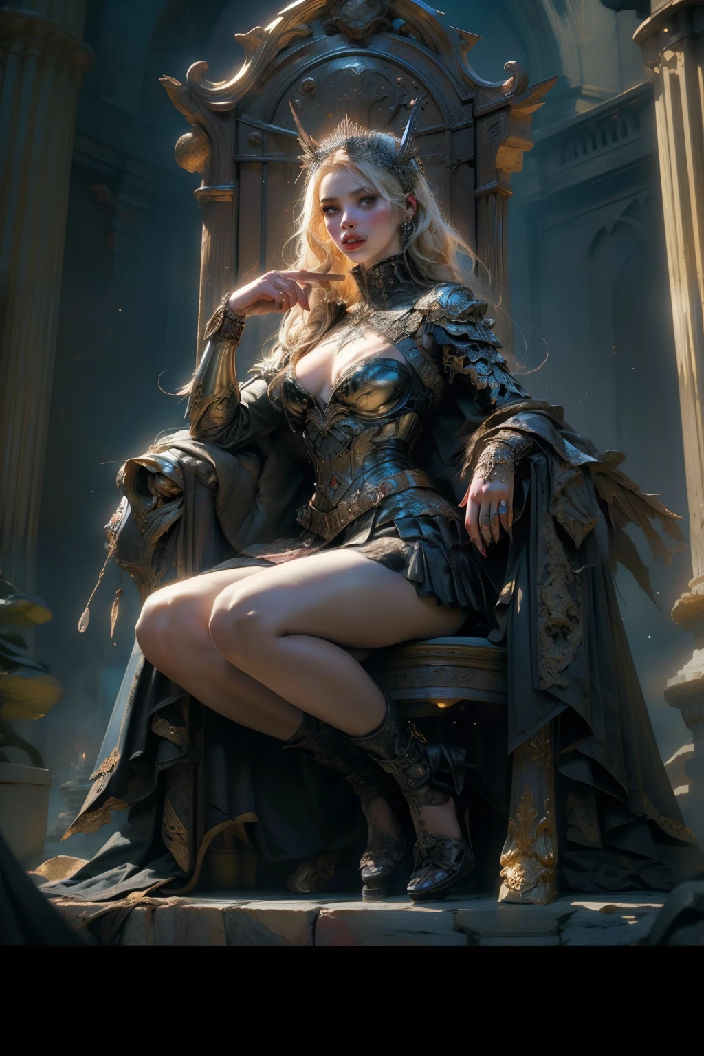 ((best quality)), ((masterpiece)), (detailed), an empty vacant throne, grand in scale and intricacy, blurring the lines between throne and shrine, occult aesthetic, occult, detailed and intricate steampunk and detailed gothic, NSFW, Very dramatic and cinematic lighting, cosmic horror, grim dark, Red and white with a sense of technology, side-lighting, perfect face, a beaituful goddess valkyrie enshrined in armour, Bloodborne inspired valkyrie, occult aesthetic valkyrie, occult valkyrie, detailed and intricate steampunk and detailed gothic valkyrie, side-lighting, NSFW, gothic lolita, beautiful small breasts, full body, whole body, body