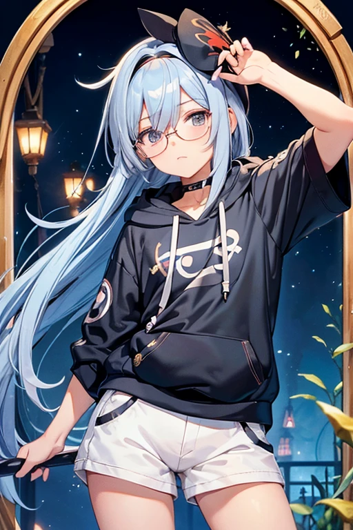 Angelic French doll, stocky, light colored hoodie, in short pants, blue hair ,messy long hair, (anime: 1.2), Wear glasses, asymmetrical bangs, (masterpiece: 1.2), Tengu, fortune teller