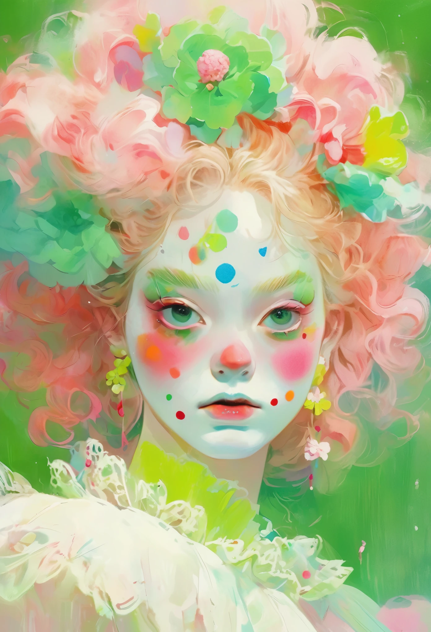 Clown makeup,Medium shot, Pastel painting of a young female, Two fluorescence angles, Startled look, black background, pale face, huge beautiful round eyes, long cilia, rococo style, fluorescent pink and green, by by Junji Ito, Inoue Takehiko, Julie Bell, realistic hyper-detail, exaggerated perspective, amazing moment, intricate illustrations, dynamic pose, uhd, 16k, Higher quality，White multi-layered lace，Exaggerated expression，Flowers