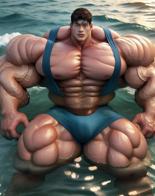 1 asian boy, handsome, giant, buzz black haircut, model shoot style, looking at camera, standing, outdoor, in the ocean, strong body, bulk, naked, wear blue swimwear, bulge, big, brutalmass, giant, muscular body, bulk, massive body, large meaty body size, brown veiny skin, big arms, ballooning meaty pecs, big butt. wet, water splash, ocean waves, UHD, Realistic, intricate detail