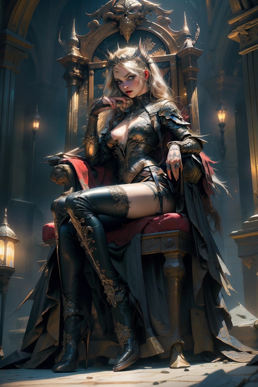 ((best quality)), ((masterpiece)), (detailed), an empty vacant throne, grand in scale and intricacy, blurring the lines between throne and shrine, occult aesthetic, occult, detailed and intricate steampunk and detailed gothic, NSFW, Very dramatic and cinematic lighting, cosmic horror, grim dark, Red and white with a sense of technology, side-lighting, perfect face, a beaituful goddess valkyrie enshrined in armour, Bloodborne inspired valkyrie, occult aesthetic valkyrie, occult valkyrie, detailed and intricate steampunk and detailed gothic valkyrie, side-lighting, NSFW, gothic ta, beautiful small breasts, full body, whole body, body