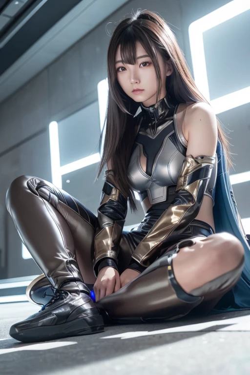 High resolution、8k、Digital Cyberpunk Art、Brown medium-long hair、Shiny metallic、(Wearing a blue powered suit with white LED lights)、(Stand on a devastated battlefield)、Japanese Girls、(sitting, spread legs, feet together)