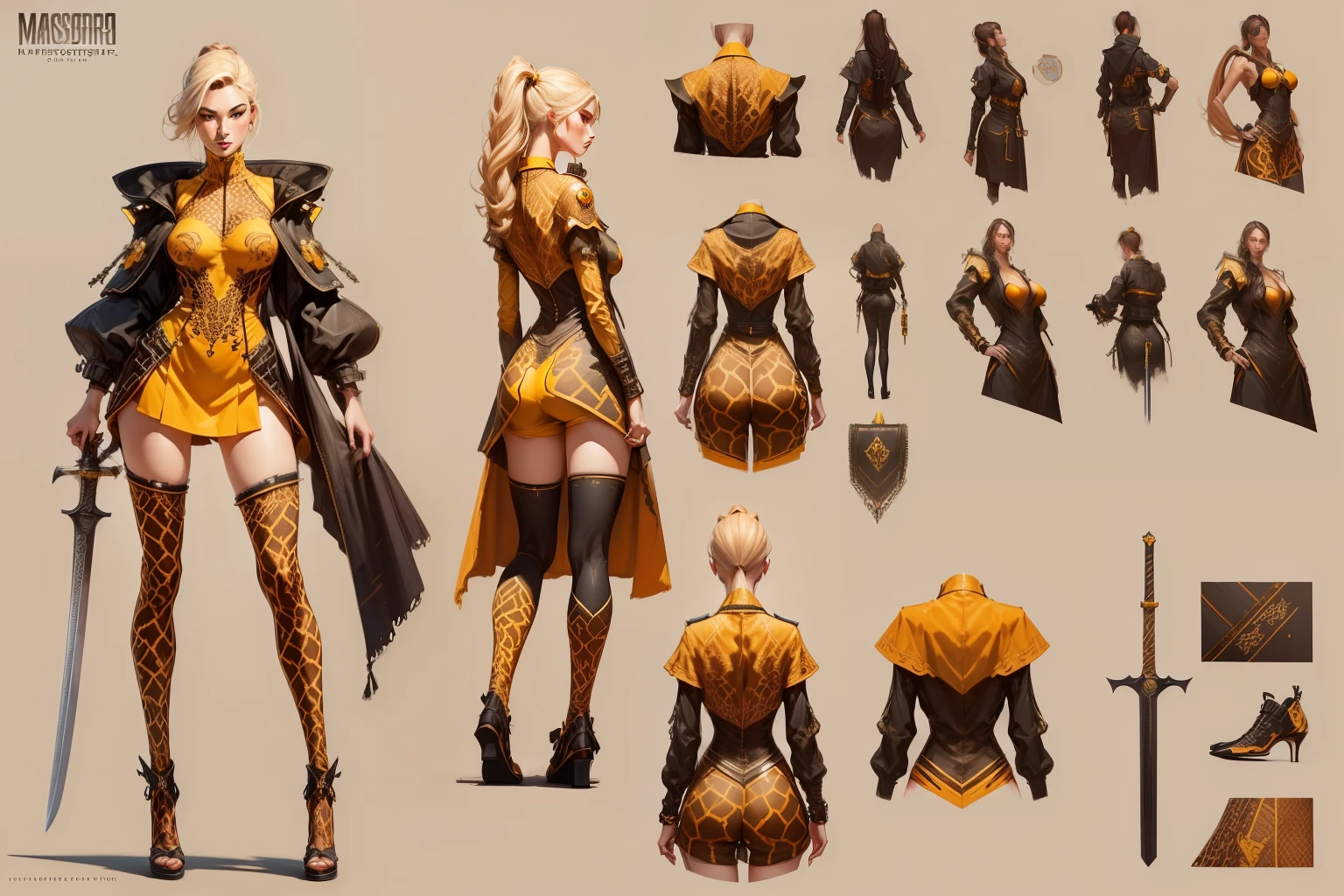 ((Masterpiece, Highest quality)), Detailed face, character design sheet full bodyesbian, Full of details, frontal body view, back body view, Highly detailed, Depth, Many parts, a (giraffe pattern outfit) yellow and black outfit,sword,beautiful cyberpunk woman