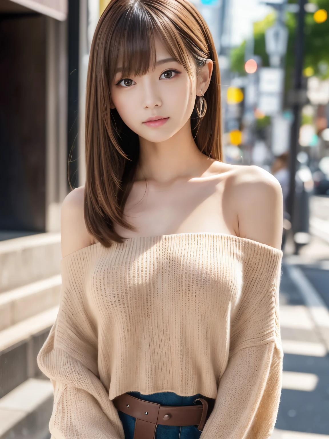 Ultra High Definition, Superior Quality, Premier Quality, ultra detailed, Photorealistic, 8k, RAW Photos, highest quality, masterpiece, Attractive girl, Stunning girl, Brown Hair, Shoulder Length Layered, asymmetrical bangs, Japanese Idol, Sophisticated, Stylish, off-shoulder top, Shibuya, 