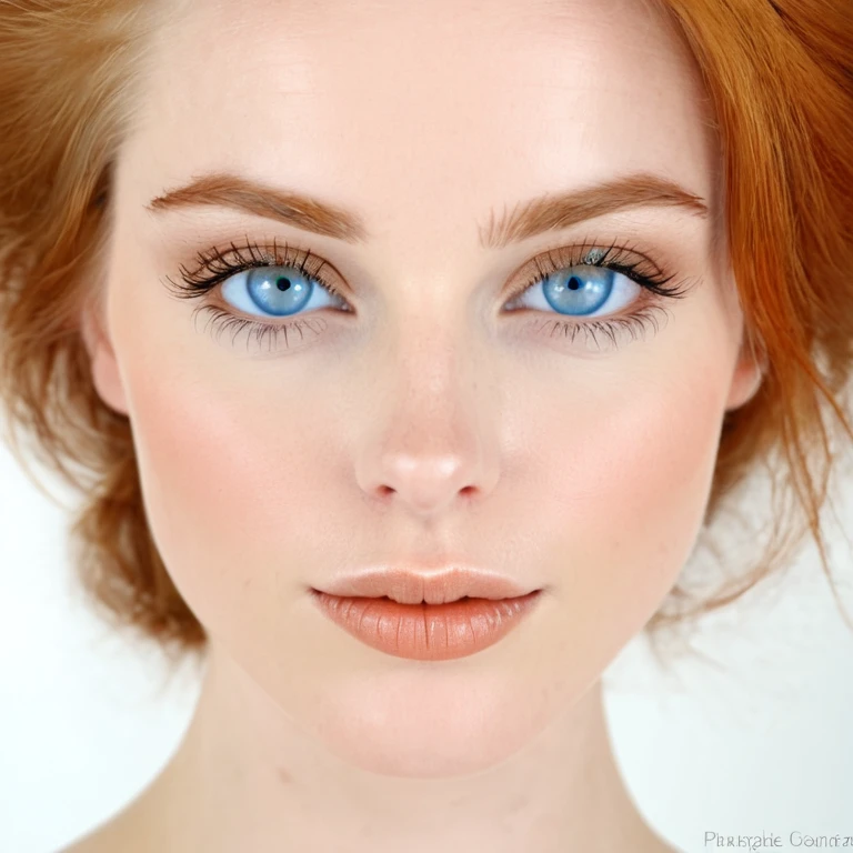Head of a woman with blue eyes, les cheuveux roux, des cil normaux, un visage affiné, un nez affiner, une bouche avec des belle levre ,une peau de teint beiges