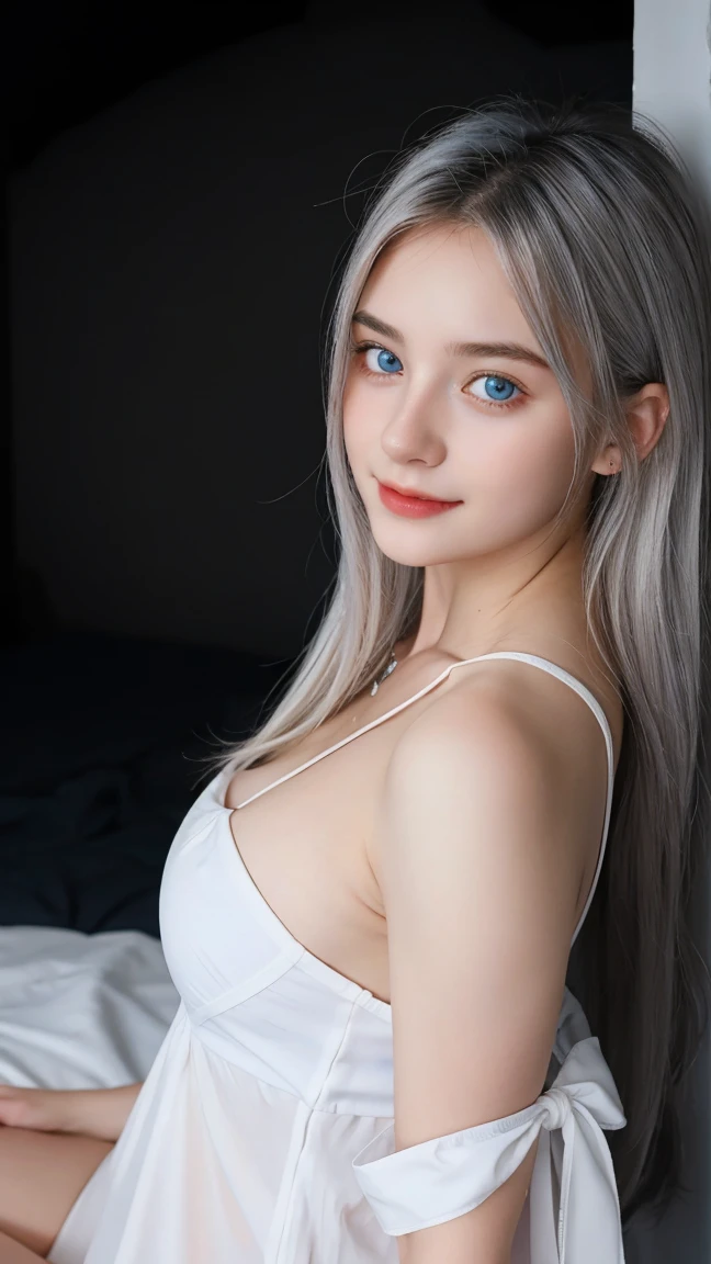 Gorgeus Girl, Beautiful, , 20 Years Old, White Skin, Silver hair, white messy long hairstyle, side Sexy Pose :1.5, sexy white nightdress, Blue Eye, Muscles, Bokeh, dark and black Background, dynamic light, low-key lighting style, Masterpiece, Fullbody Shot, attractive, seductive, lovely smile, from above:1.5